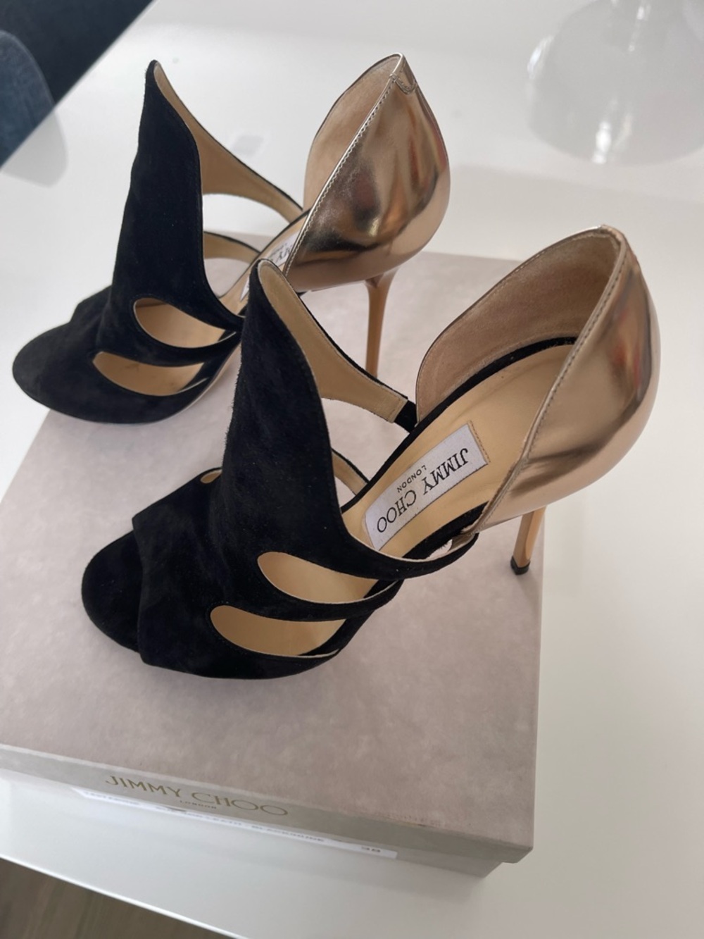 Jimmy Choo Black Suede and Gold Metallic Cutout Stiletto Pumps